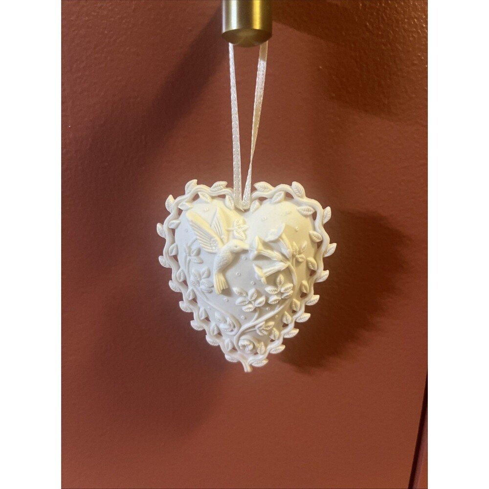 1999 Margaret Furlong Love Song Bisque Heart Ornament W/Hummingbird Christmas